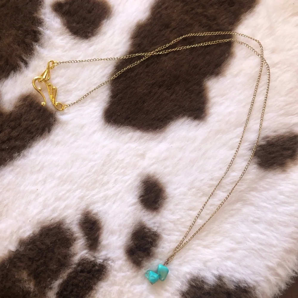 Elegant long length faux turquoise pendant gold chain necklace